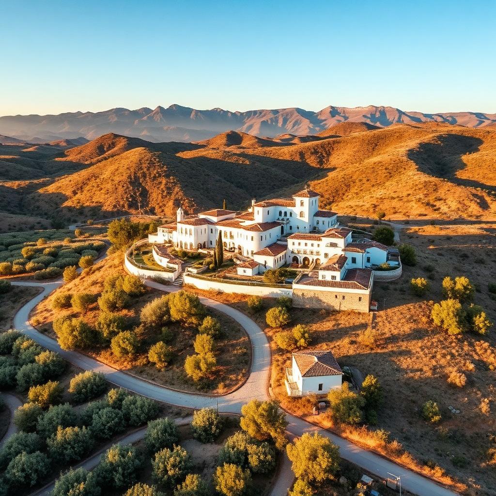 Aerial view of an Andalucían village among olive groves