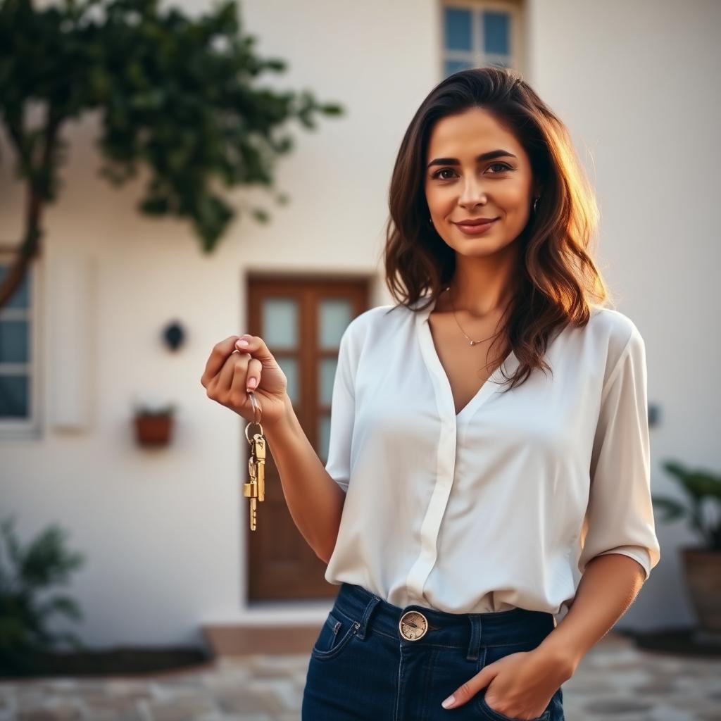 Woman holding house keys outside a Mediterranean home