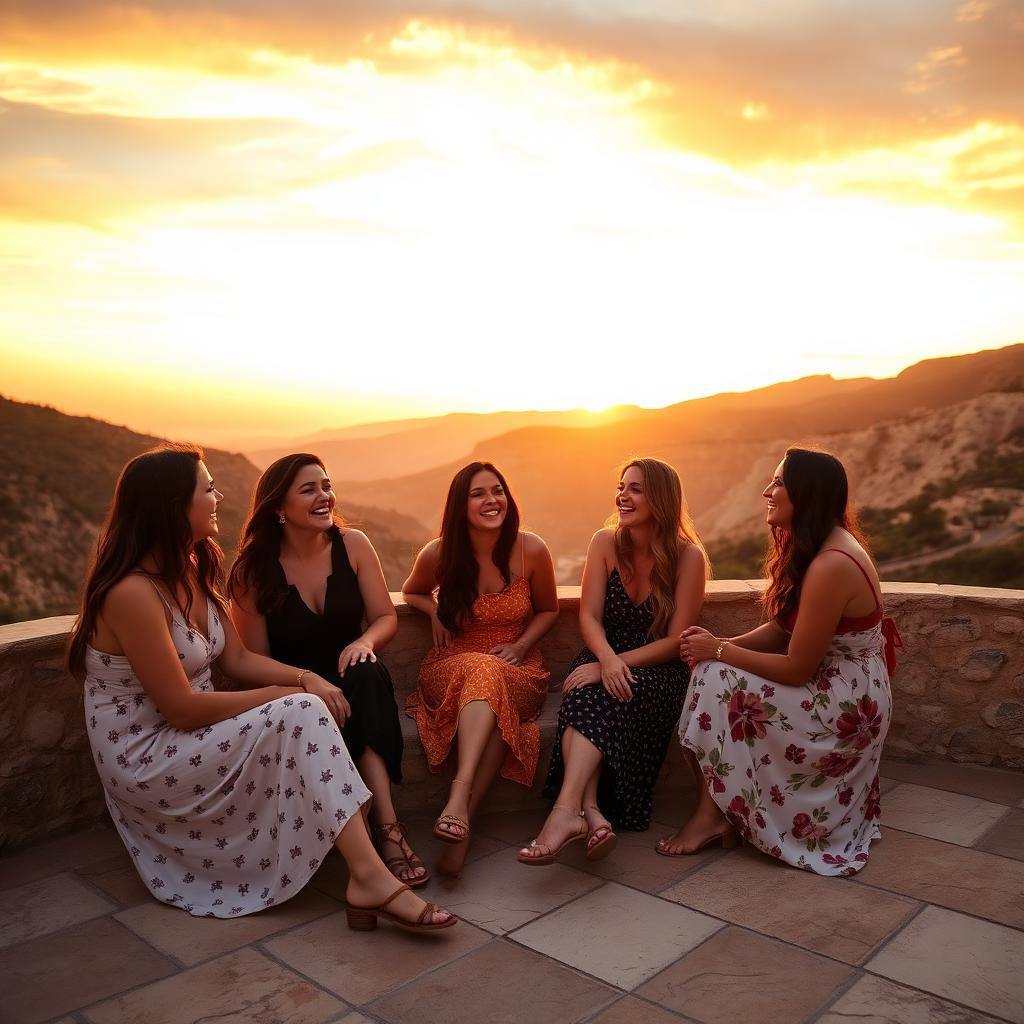 Women laughing on a stone terrace at sunset